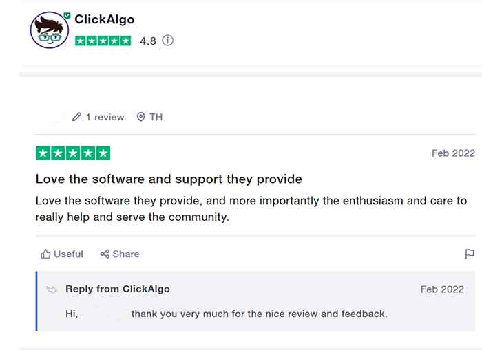 Een goede review op Trustpilot over de trading software van Clickalgo