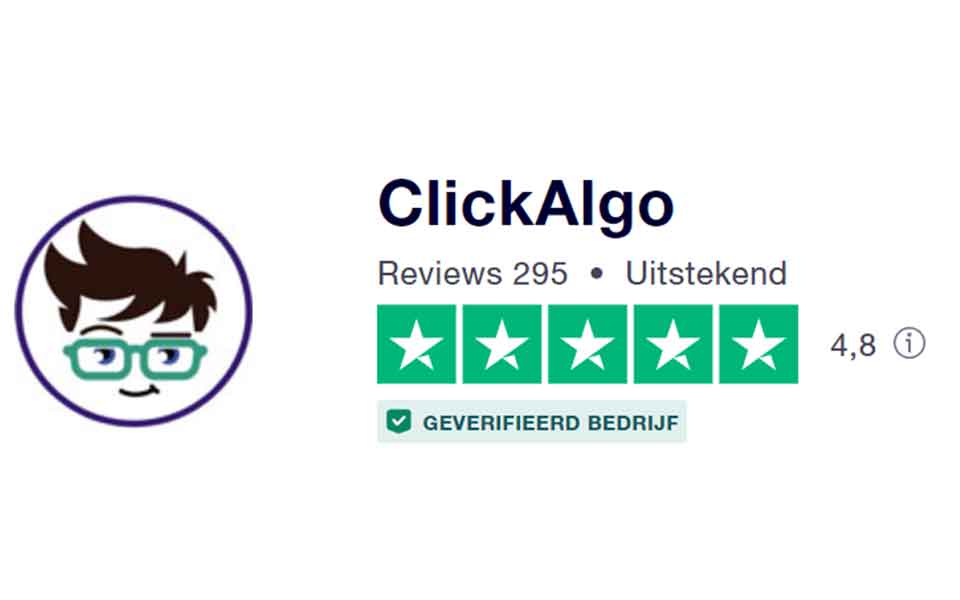 De Clickalgo Trustpilot score. Een uitstekende gemiddelde score van 4.8 uit 5 sterren over 295 reviews. 